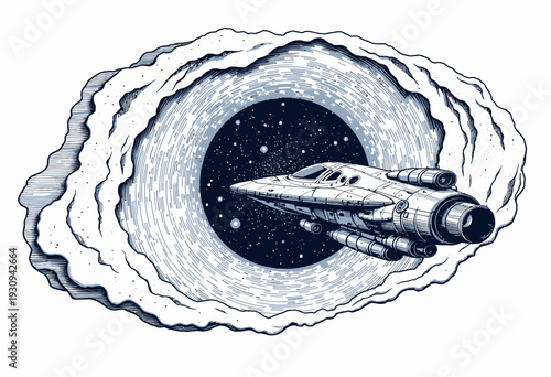 Futuristic spacecraft traveling through a swirling cosmic vortex surrounded by celestial stars and galaxies in the depths of outer space