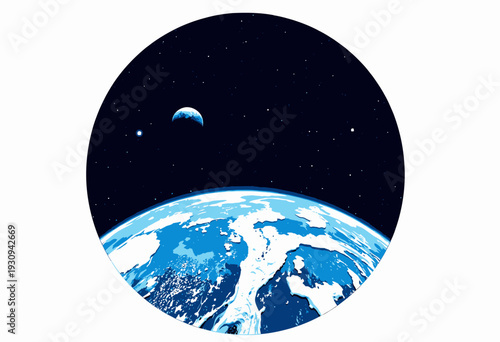 A Stunning View of Earth from Space Featuring Icy Landmasses and Oceans Under the Cosmic Beauty of Star-filled Night Sky and the Mystical Presence of the Moon