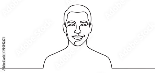 Continuous line drawing of a smiling man's face with a cheerful expression, representing simplicity and modern art.