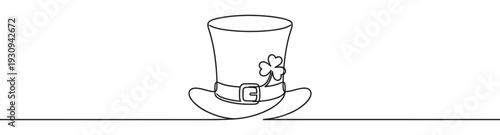 Leprechaun hat continuous line drawing with shamrock buckle symbolizing Irish luck and St. Patrick's Day celebration.