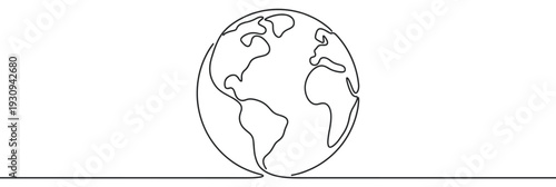 Continuous line drawing of Earth globe with simplified continents representing global connection and sustainability.