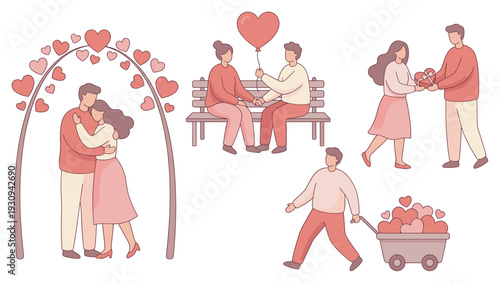 Romantic couples celebrating love and affection through various sweet gestures and heartfelt moments, symbolizing deep connection and happiness.