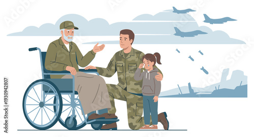 Elderly veteran, young soldier, and crying girl find solace together as fighter jets fly over a war-torn landscape.