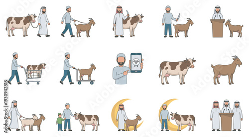 Muslim men and animals are shown in a collection of illustrations depicting Eid al-Adha traditions and animal sacrifice.