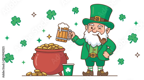 Cheerful leprechaun celebrates St. Patrick's Day with a mug of beer and a pot of gold, surrounded by lucky shamrocks and sparkling magic.