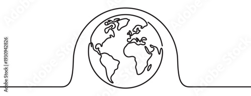 Single continuous line drawing of the Earth globe representing global communication, travel, and interconnectedness.