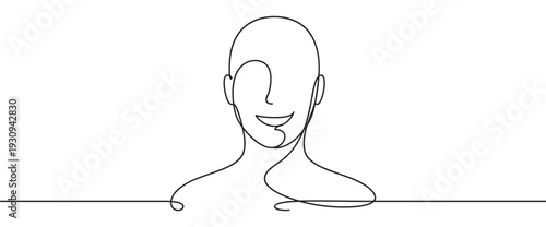 Human head continuous line drawing illustration depicting a smiling person with a minimalist and abstract artistic style.