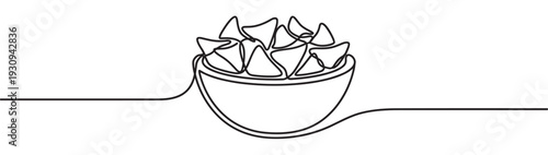 Continuous line drawing bowl tortilla chips creates a minimalist illustration of a delicious and popular snack food often served at parties or gatherings.