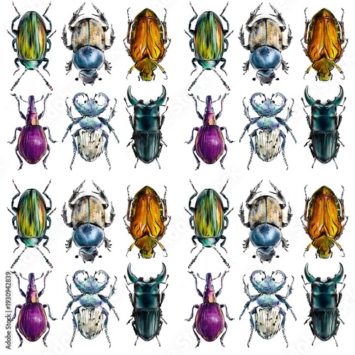 seamless pattern with hand drawn exotic beatles, drawing of colorful decorative bugs, digital Illustration