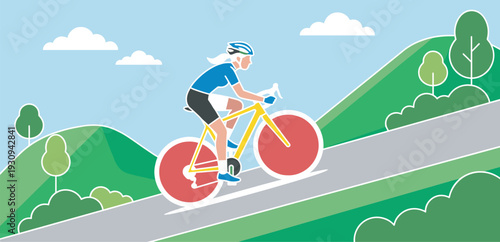 Determined woman cycling uphill on a winding road through lush green hills under a bright blue sky with fluffy white clouds.