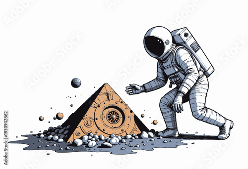 Astronaut Discovers Mysterious Ancient Pyramid Structure Surrounded by Rocky Terrain on an Alien Planet in Outer Space Exploration