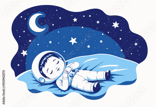 Adorable Illustration of a Sleeping Child in Astronaut Costume Dreaming Under a Starry Night Sky with Moon and Stars