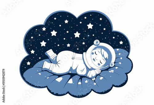 Charming Illustration of a Sleeping Baby in a Spacesuit Resting on a Soft Blue Cloud Amidst Night Sky with Shimmering Stars