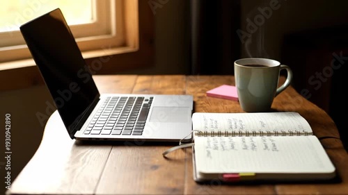 Laptop coffee notebook on wooden desk productive workspace