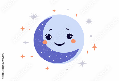 Cheerful Cartoon Moon Illustration with Stars and Smiling Face in Night Sky Theme Featuring Whimsical Celestial Elements