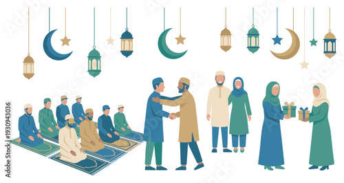 Muslim people celebrating Eid al-Fitr and Ramadan holidays with prayer, greetings, and gift exchange, surrounded by traditional lanterns and crescent moon symbols.
