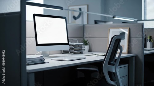 Empty Modern Office Cubicle with Blank Computer Monitor