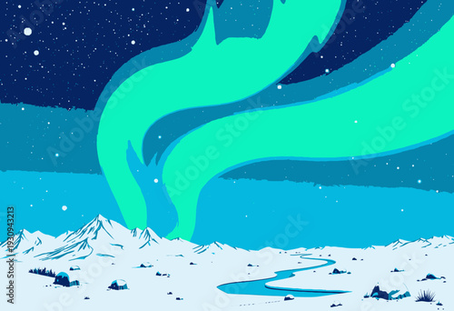 Breathtaking Winter Landscape Under Vibrant Aurora Borealis Display with Snow-Covered Mountains, Meandering River, and Star-Studded Night Sky