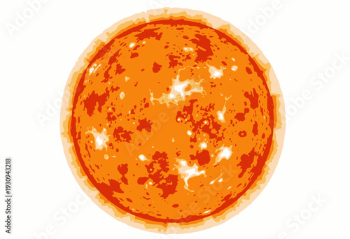 Illustration of the Sun Showcasing Intense Solar Activity with Prominent Sunspots and Luminous Solar Flares in a Celestial Display Against a Stark White Background