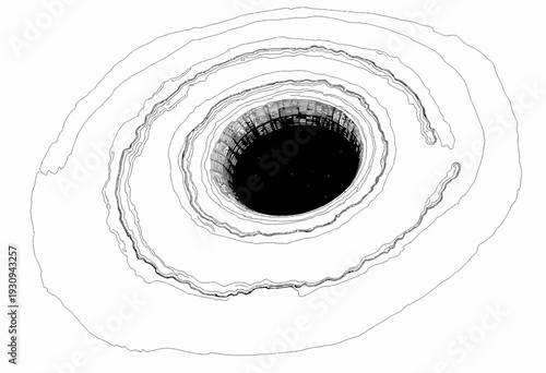 Detailed pen and ink illustration of a swirling, ripple-lined vortex leading to an enigmatic, dark central abyss, suggesting depth and mystery in a minimalist style.