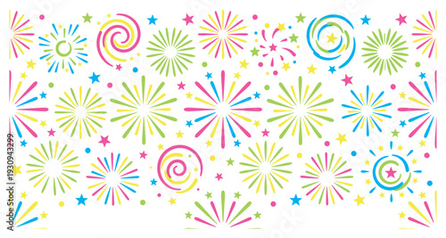 Colorful fireworks celebration pattern with festive stars and dots creating a vibrant and joyful decorative design.