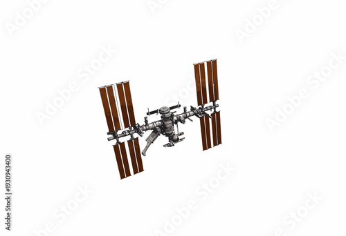 Detailed Photograph of a Space Station Highlighting Its Advanced Solar Panels and Structural Components in Orbit Against a Clear White Background