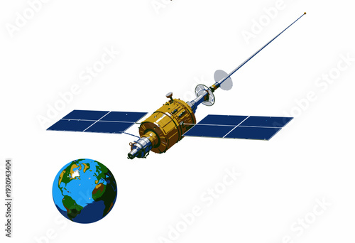 Detailed Illustration of a Satellite Orbiting Earth Depicting Communication Technology in Space with Solar Panels and Antenna for Global Connectivity