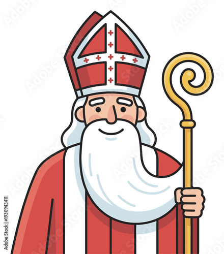 Saint Nicholas character illustration wearing traditional red bishop attire and holding a golden crozier, symbolizing wisdom and authority for holiday celebrations.