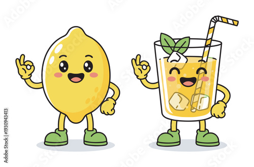 Cute cartoon lemon and lemonade characters making an OK gesture, cheerfully standing together with bright, happy smiles.