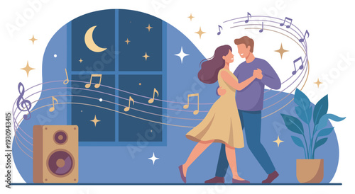 Happy couple dancing together at night, enjoying a romantic evening with music and stars visible through the window.