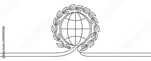 Continuous line drawing global emblem with laurel wreath symbol representing international unity, peace, and environmental protection in a minimalist style.