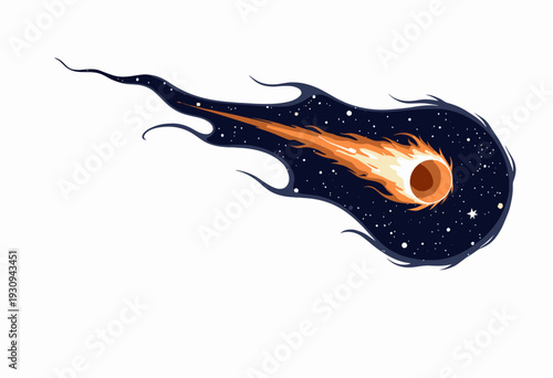 Illustration of a Fiery Meteor with a Glowing Tail Traversing Through a Starry Night Sky with a Cosmic Dreamlike Atmosphere
