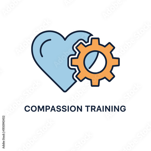 Line art icon showing a heart connected to a gear, symbolizing effective compassion training and the structured development of emotional intelligence, empathy, and mindful care