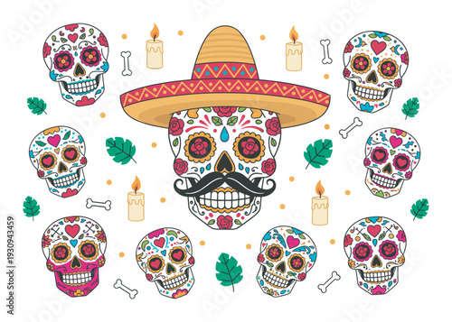 Colorful sugar skulls, candles, and bones create a vibrant and festive pattern for Dia de los Muertos celebration.