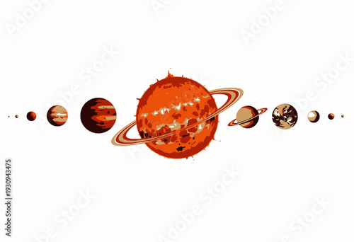 Solar System Illustration Featuring Planets Aligned in Orbit Around a Central Sun with Detailed Rings and Planetary Textures