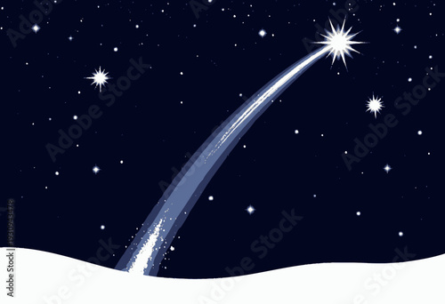 Illustration of a Bright Comet Shooting Across a Starry Night Sky with Sparkling Tail and Snowy Foreground Capturing Celestial Beauty and Cosmic Wonder