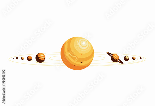 Illustration of the Solar System Featuring the Sun Surrounded by Eight Planets, Highlighting Their Positions and Sizes in a Cosmic Alignment