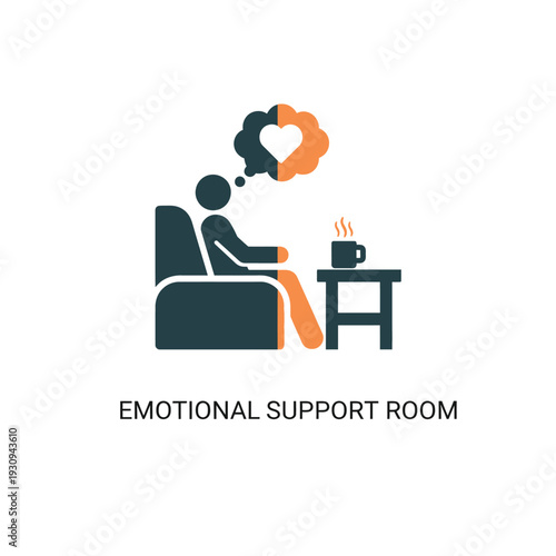 Iconic representation of an individual finding comfort and emotional support within a serene room setting, fostering mental well-being and solace