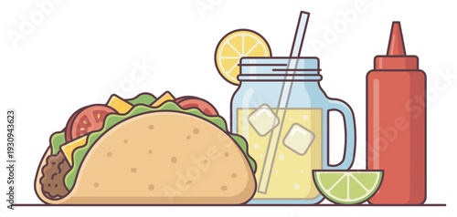 Delicious taco, refreshing lemonade, and spicy sauce bottle are perfectly arranged for a delightful and casual meal.