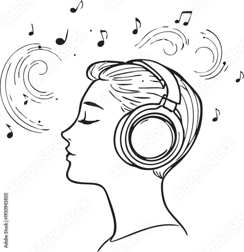 Harmony in Sound: Silhouette of a person is lost in a symphony of sound. They are surrounded by musical notes and the gentle swirls.