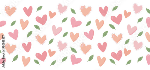 Adorable pink peach hearts and green leaves create a charming seamless pattern, perfect for romantic and loving designs.