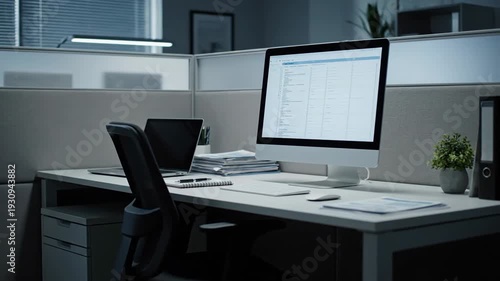 Empty Office Cubicle Modern Workspace Computer Laptop Desk