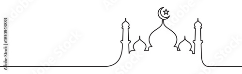 Elegant Islamic mosque architecture drawn in a continuous line style, featuring a central dome and two minarets.