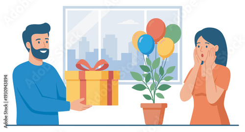 Man gives woman a surprise gift box with balloons and a potted plant, celebrating a special occasion together.
