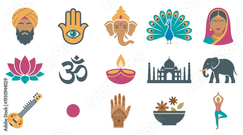 Indian culture icons collection featuring traditional symbols, religious elements, and spiritual motifs in a vibrant flat design style.