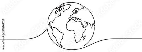 Continuous line drawing Earth globe world map with continents symbolizing global connection, unity, and environmental awareness.