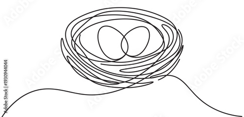 Bird's nest with eggs, a beautiful minimalist continuous line art drawing symbolizing new beginnings and the arrival of spring.