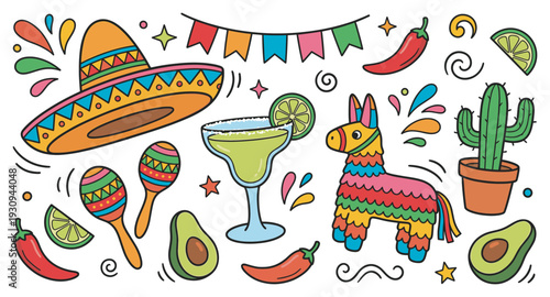 Vibrant Mexican celebration elements set with sombrero, maracas, piñata, and chili peppers for festive events.