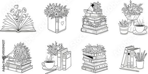 books flowers coffee drawing art