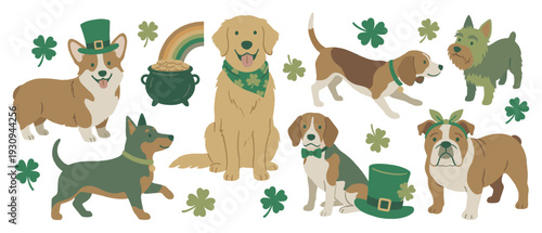 Adorable cartoon dogs celebrating St. Patrick's Day with festive green accessories, lucky shamrocks, and a pot of gold at the end of a rainbow.